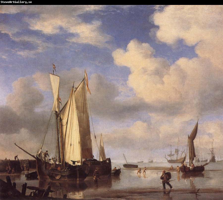 VELDE, Willem van de, the Younger Dutch Vessels Close Inshore at Low Tide,and Men Bathing